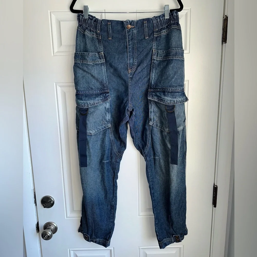 Free People Hazel‎ Pull On Drop Waist Jeans Cargo Pockets Smocked Waist size L